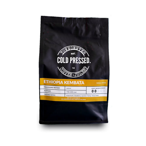 Shown here is a 12-ounce coffee bag of our Ethiopia Kembata Single Origin Light Medium Roast Coffee sold by Town Center Cold Pressed and proudly roasted in Norfolk, VA.