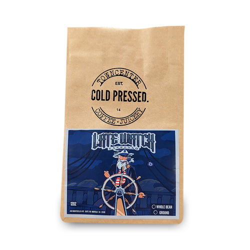 Shown here is a 12-ounce coffee bag of our Late Watch Espresso Specialty Blend Coffee sold by Town Center Cold Pressed and proudly roasted in Norfolk, VA.