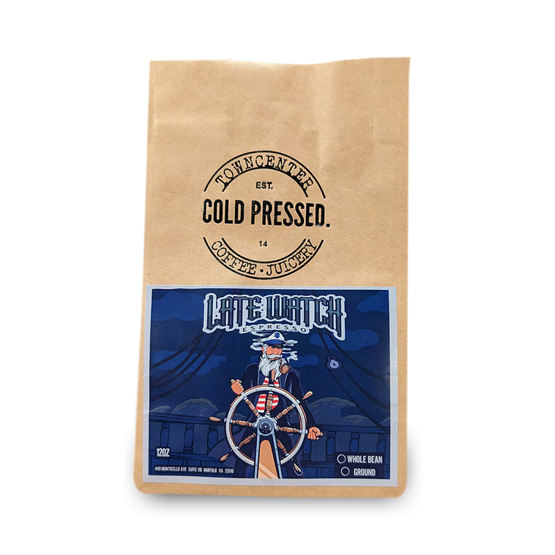 Load image into Gallery viewer, Shown here is a 12-ounce coffee bag of our Late Watch Espresso Specialty Blend Coffee sold by Town Center Cold Pressed and proudly roasted in Norfolk, VA.
